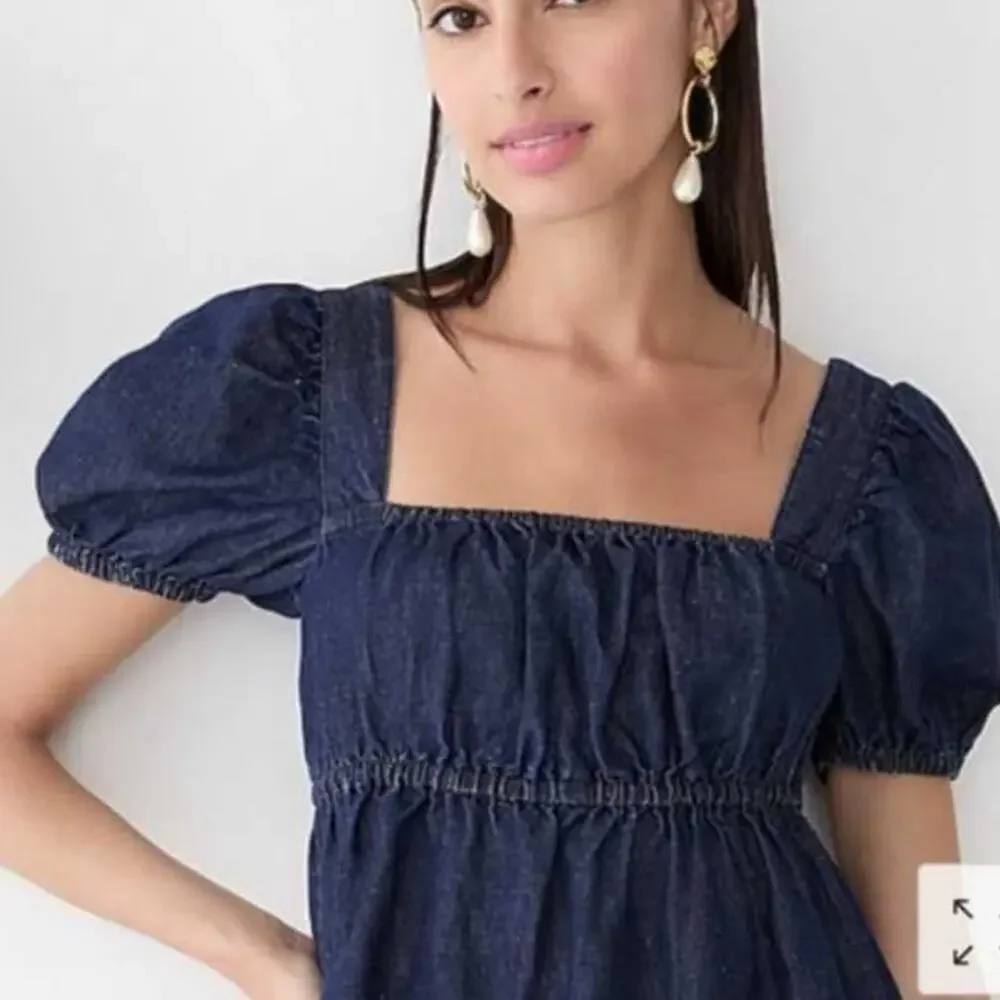 J.Crew Denim Milk Maid Square Neck Puff Sleeve Boho Coquette Babydoll Mini Dress